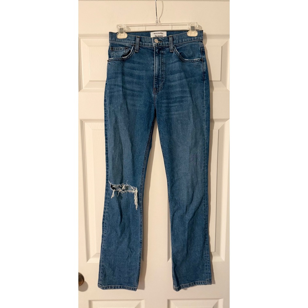 Reformation Liza High Rise Straight Jean Women's Mediterranean Destroyed Size 26